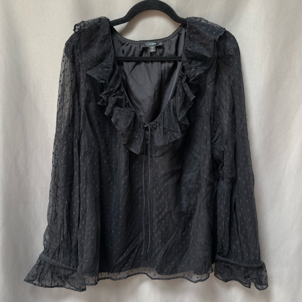 NWOT J.Crew Lace Ruffle Sheer Black Blouse, Plus Size 3X — V Neck Long Sleeves